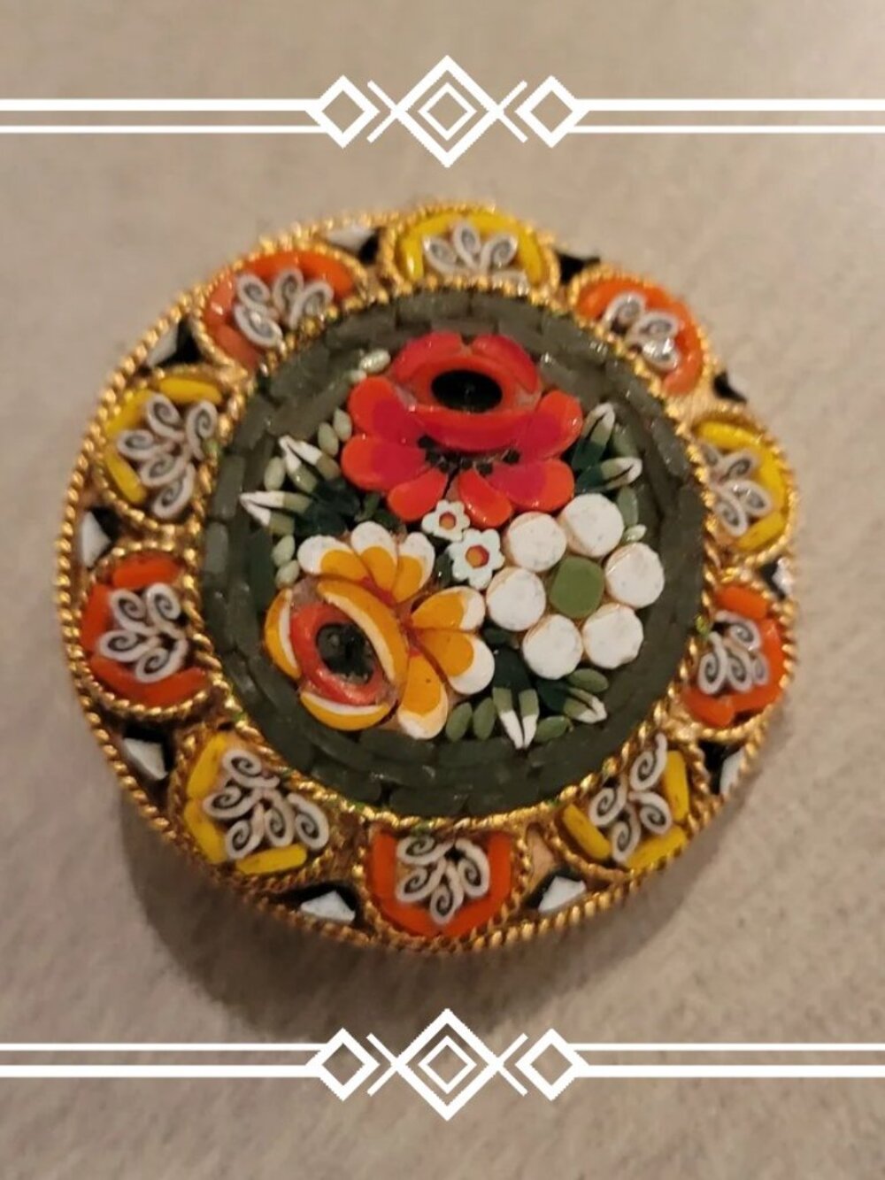 Floral Micro Mosaic Brooch with Gold Accents ITALY